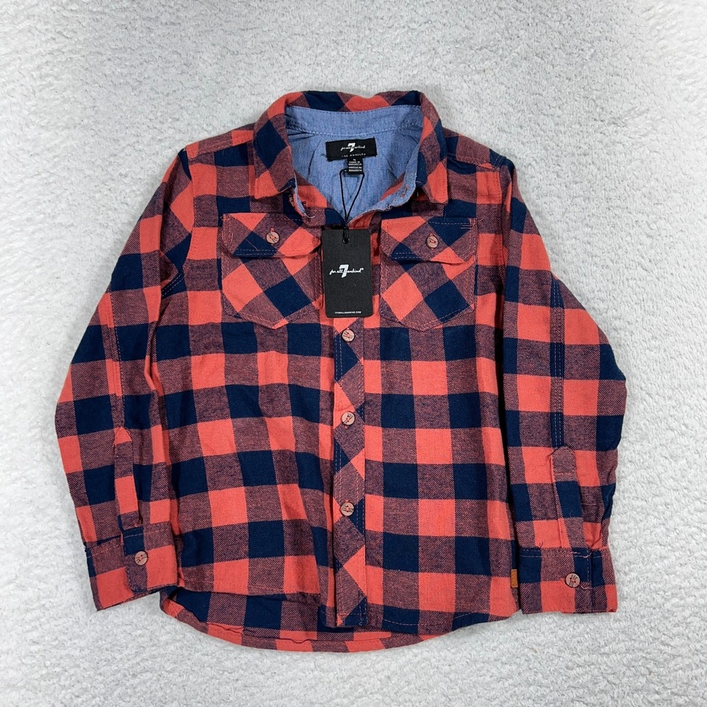 7 for All Mankind Girls Small Long Sleeve Red Plaid shirt NWT Double Pocket